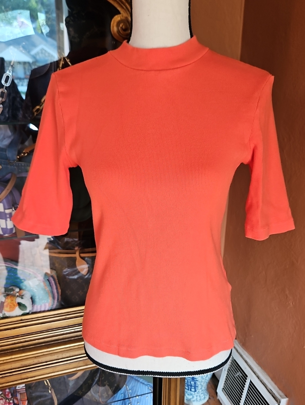 Maeve Orange Short Sleeve Ribbed Mock Neck Top